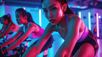Diverse group of athletic women cycling in a neon lit gym, showing teamwork and empowerment