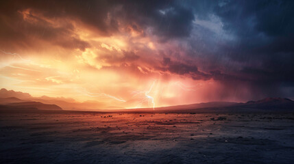 Powerful thunderstorm rages over a barren desert, with lightning striking and heavy rain pouring down, creating a scene of intense energy and danger under dark clouds
