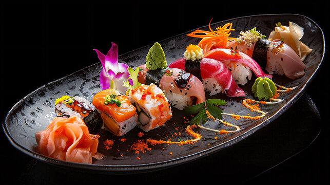 Variety of colorful sushi pieces are presented on a black platter, garnished with orchid, ginger, and wasabi, creating an elegant and appetizing display