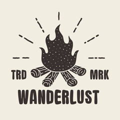 Hand-drawn burning campfire emblem. A camping-themed design is suitable for printable products.