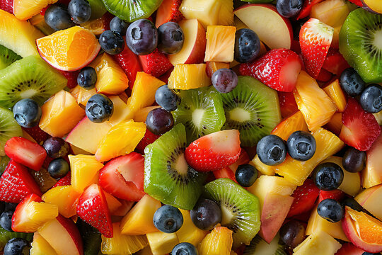 Preparing a colorful fruit salad with fresh, juicy fruits for a healthy snack or dessert. Perfect for summer breakfasts, parties, or buffets. Enjoy the natural goodness.
