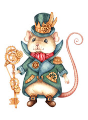 Mouse king in steampunk fairy tale nutcracker watercolor illustration. A rat with brown fur, wearing a blue-green cloak, a hat, a crown and a staff in his hand. Isolated composition for posters, cards