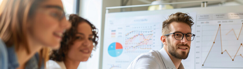 Fototapeta premium Business team having a productive meeting, analyzing graphs and statistics on a whiteboard, developing new strategies for success