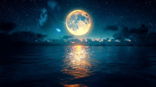full moon at sea at night, amazing view landscape  for live wallpaper video animation background Seamless looping time-lapse 4k quality