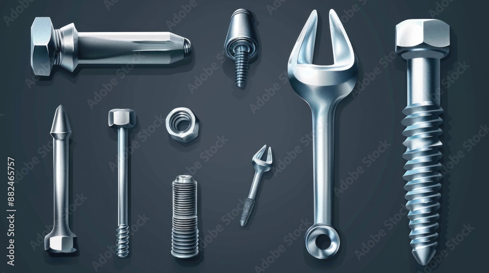 Poster A collection of various screws and nuts, ideal for use in DIY projects or as a reference for mechanics
