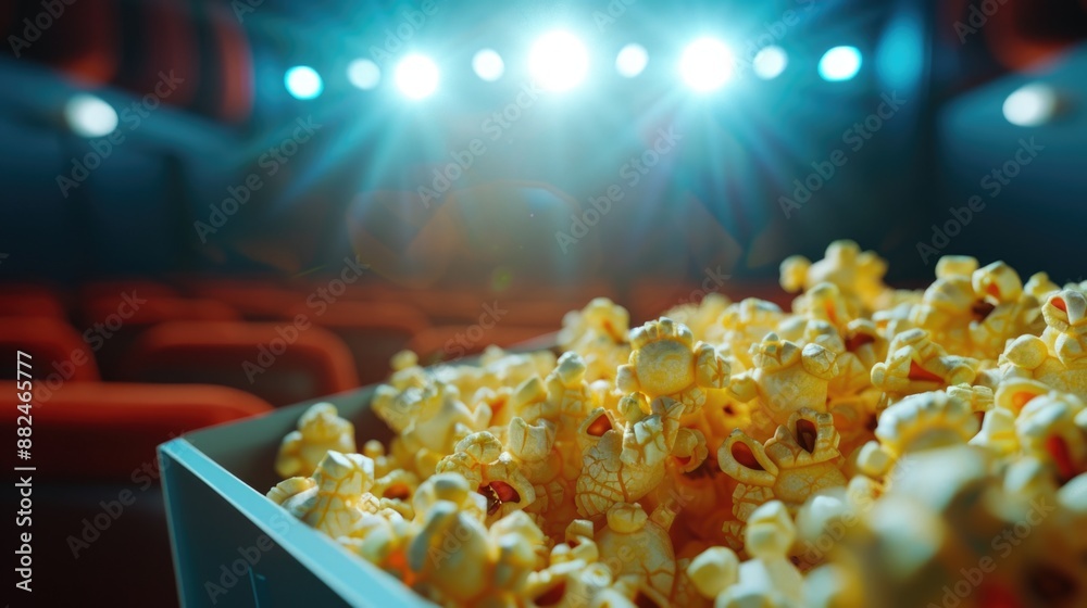Poster A box of popcorn sitting in front of a stage with an empty audience
