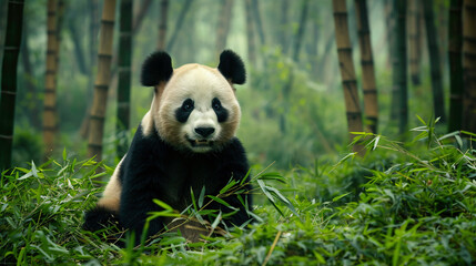 Giant panda peacefully sits among bamboo in a lush green forest in china, exuding tranquility and serenity while gazing at the camera