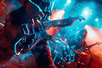 Obraz premium Passionate guitarist playing electric guitar on brightly lit stage with vibrant lights, drummer in background, crowd enjoying energetic concert