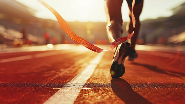 Determined runner triumphantly crosses the finish line in a bustling stadium, symbolizing achievement, speed, and perseverance in sports