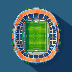 Illustrated top view of a soccer stadium featuring the field, stands, and surrounding structure, highlighting sports architecture.
