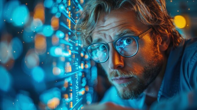 Man analyzing data on futuristic screen - generative ai