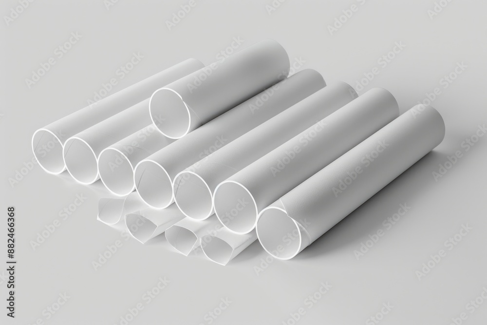 Poster a group of white pipes are stacked on a table, waiting for use or installation