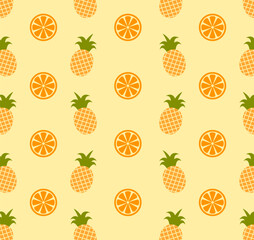 Vector seamless pattern with oranges and pineapples on a orange background. Flat icons, background, wallpaper, print design