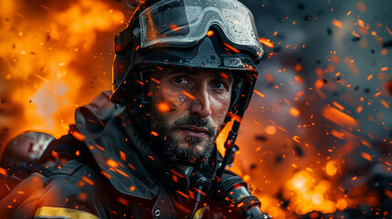 A firefighter in protective gear surrounded by flames and flying embers.