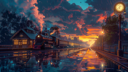 A vibrant illustration of a train station at sunset with a steam locomotive arriving, dramatic clouds in the sky, and reflections on the wet platform. The station clock is visible, and the scene is ba