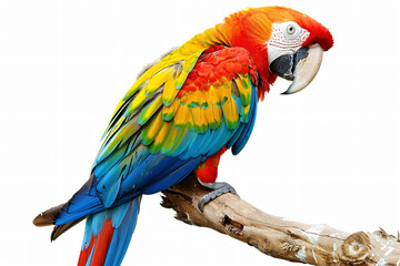 Obraz premium Scarlet macaw with vibrant red, blue, green, yellow and orange plumage is perched on a branch. The background is white