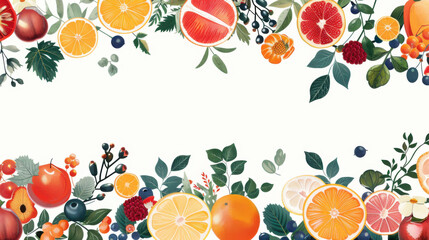 Vibrant border of assorted fruits and leaves, ideal for decorative purposes or as a frame for text and images.