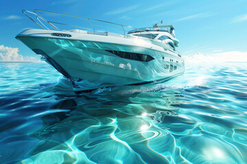 Fototapeta premium Luxurious white yacht glides swiftly across calm turquoise waters, leaving gentle ripples in its wake under a clear blue sky, evoking feelings of adventure and relaxation on a perfect summer day