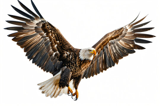 Beautiful bald eagle extending its talons as it prepares to land, with its powerful wings spread wide against a clean white background