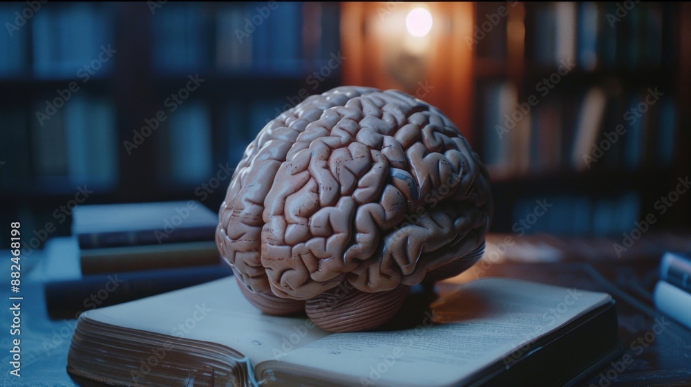 Poster A brain sits atop an open book, symbolizing knowledge and learning