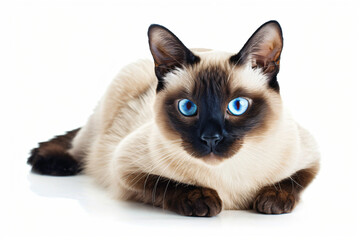 Siamese cat with blue eyes lounges peacefully on a white background, captivating viewers with its intense gaze