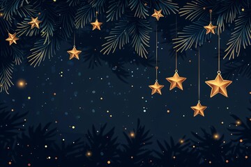 Fototapeta premium Border made of fir tree branches and golden stars on snowy blue background. Merry Christmas and Happy New Year. Winter holidays template with copy space for greeting card, invitation, banner, poster