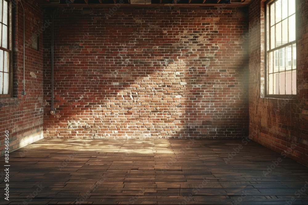 Poster a simple empty room with a brick wall and wooden floor, suitable for use in architecture or interior