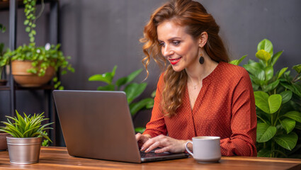 Fototapeta premium Smiling Woman Working on Laptop in Green Indoor Setting