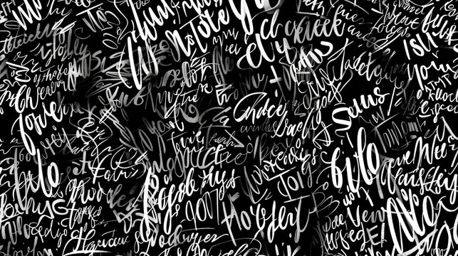 An intricate black background filled with white handwritten text, offering a visually compelling and dense pattern through diverse calligraphy styles and expressive typography techniques.