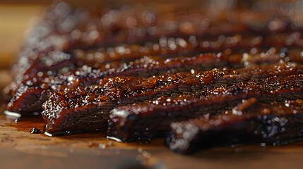 Capture the juicy tenderness of a plate of barbecue brisket, featuring smoky flavor, caramelized crust, and melt-in-your-mouth texture.