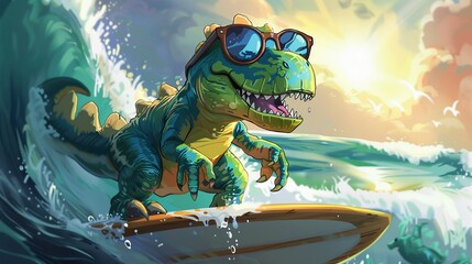 A vibrant illustration of a dinosaur character wearing sunglasses, riding a surfboard on a massive ocean wave as the sun sets, capturing a fun and adventurous moment.