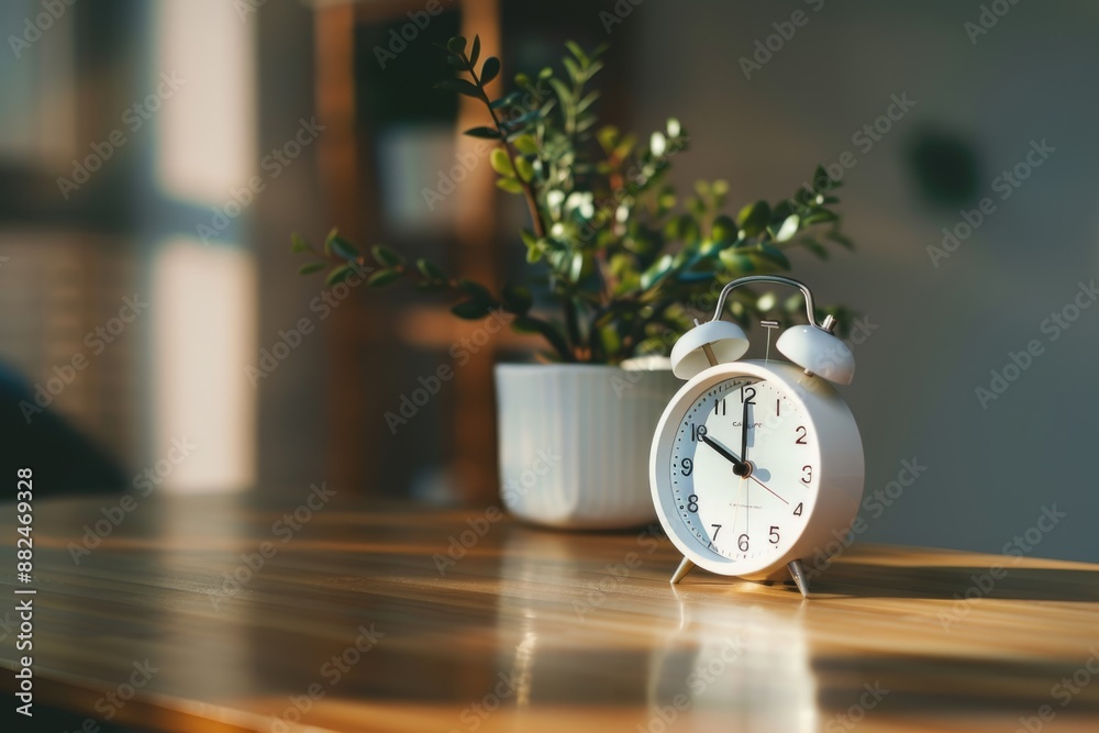 Poster A simple alarm clock sits on a wooden surface, great for illustrating time concepts or interior design