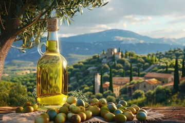 A bottle of olive oil and some olives placed on a table, great for still life photography or kitchen scenes