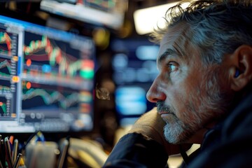 Fototapeta premium Precision in currency trading: a trader monitoring exchange rates with keen attention