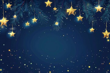 Fototapeta premium Border made of fir tree branches and golden stars on snowy blue background. Merry Christmas and Happy New Year. Winter holidays template with copy space for greeting card, invitation, banner, poster