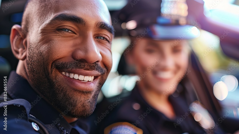 Wall mural Two police officers in uniform, one closer to the camera with a big smile, sitting inside their patrol car, with a clear focus on law enforcement and community service.