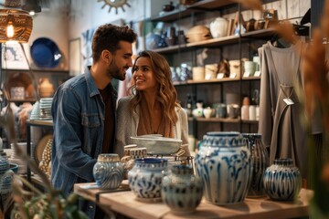 couple happily shopping for home decor items in a stylish store filled with ceramics