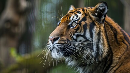 A tiger in profile, with sharp focus on its face and whiskers, set against a natural but blurred background, symbolizing the wild beauty and perseverance of this animal.