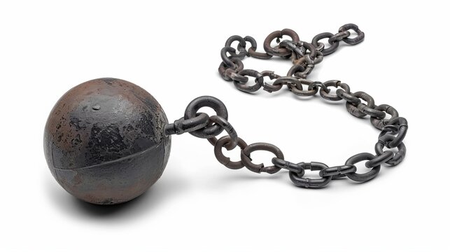 A vintage ball and chain with a weathered metal texture, symbolizing restriction and confinement, often associated with historical punishment and imprisonment.