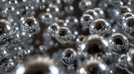 A mesmerizing close-up of numerous shiny chrome spheres floating in a blurry background, creating a surreal metallic and reflective abstract scene.