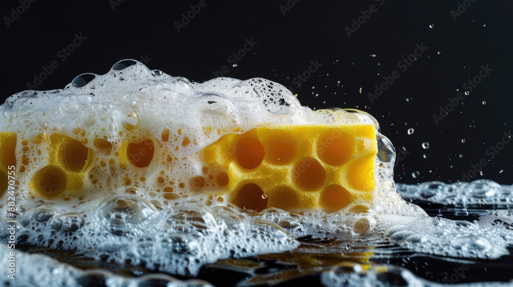 Poster A yellow sponge sits on a black surface, perfect for decorative or illustrative use