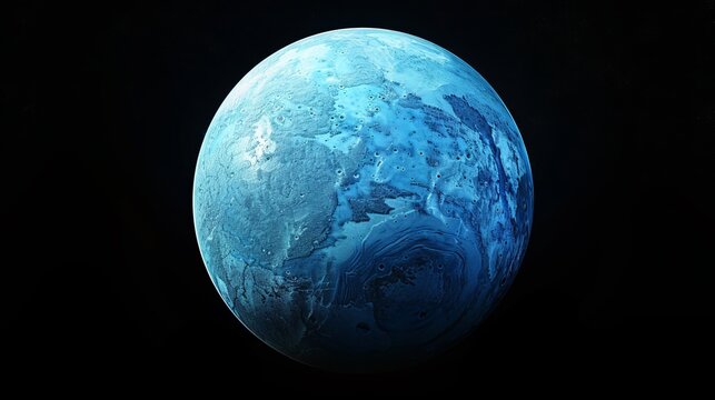 A compelling depiction of a blue planet with a vast oceanic surface and prominent craters, revealing a strikingly vivid and captivating extraterrestrial world in the vast cosmos.