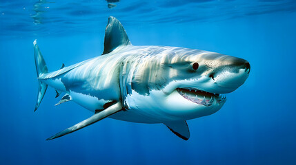 Obraz premium Majestic Great White Shark Swimming Powerfully in the Clear Blue Ocean Waters Exhibiting the Fearsome Strength and Predatory Nature of this Apex Marine Predator