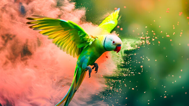 Vibrant Alexandrine Parakeet Parrot Spreading Its Wings and Flying Gracefully Amidst Colorful Powder Clouds in a Lush Tropical Environment