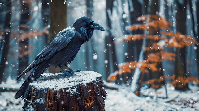 Moody portrait of a majestic common raven Corvus corax perched atop a weathered tree stump in a snow covered winter forest  The dark brooding bird sits in contemplative silence against the serene