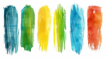 Fototapeta premium Six vertical watercolor paint strokes in vibrant colors such as blue, green, yellow, and red, on a white background, perfect for modern and creative designs.