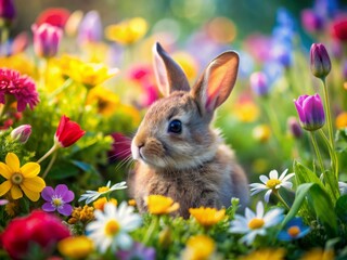Fototapeta premium Adorable baby rabbit nestled among vibrant flowers in a lush green meadow, surrounded by colorful blooms, symbolizing Easter joy and springtime innocence.