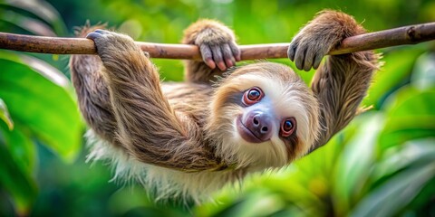Adorable baby sloth clings to a curved tree branch with tiny claws, its soft furry body and sweet face suspended upside down in mid-air.