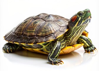 Obraz premium Turtle Basking in the Sun: Highlight a turtle sunbathing for a calm and composed photo. photo on white isolated background