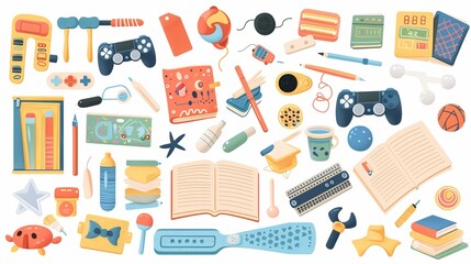 This image displays a variety of colorful gaming and crafting items like game controllers, paint brushes, and open notebook neatly arranged on a flat surface.